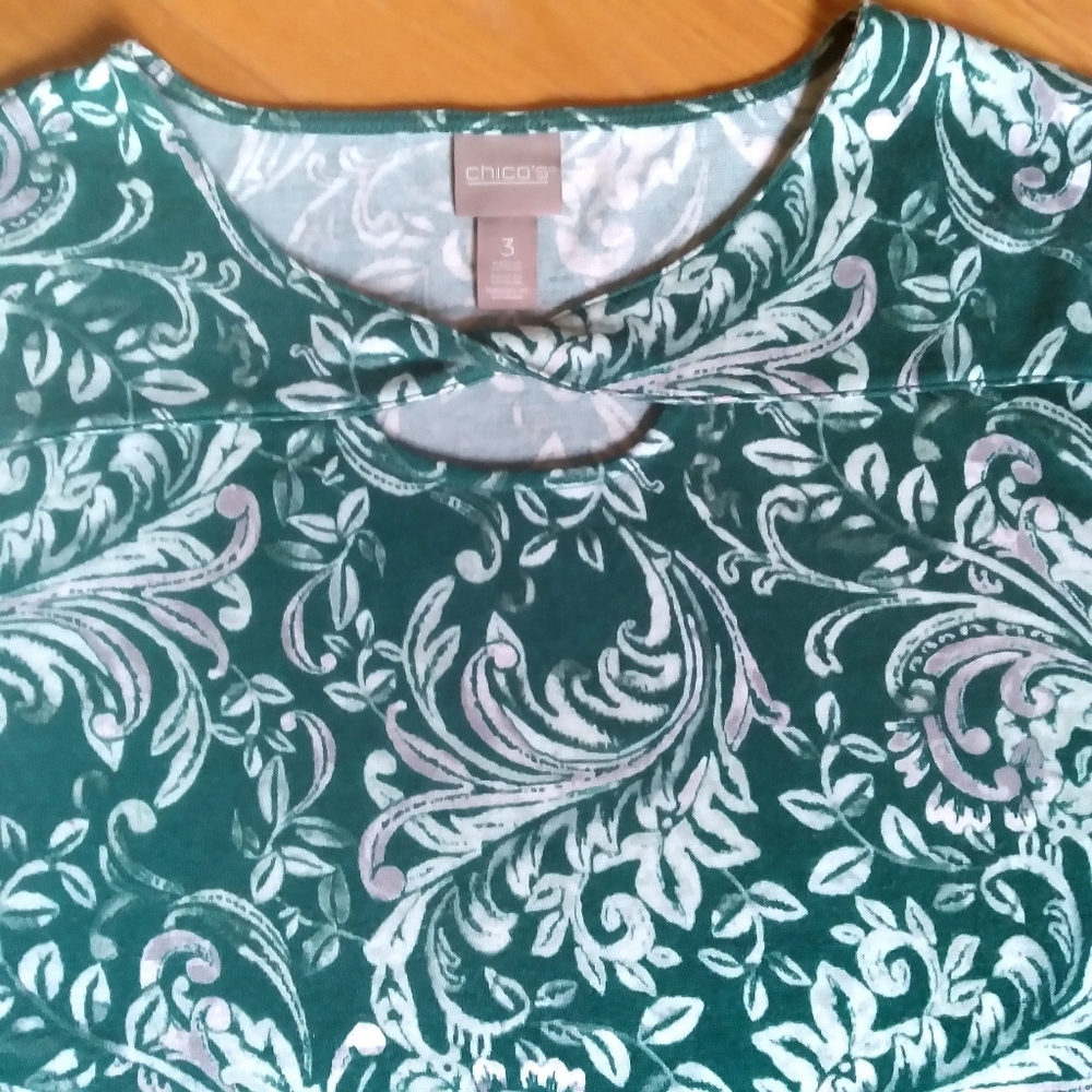 Chico's‎ Women's Green Paisley Plus Size Holiday Popover Sweater Knotted Detail